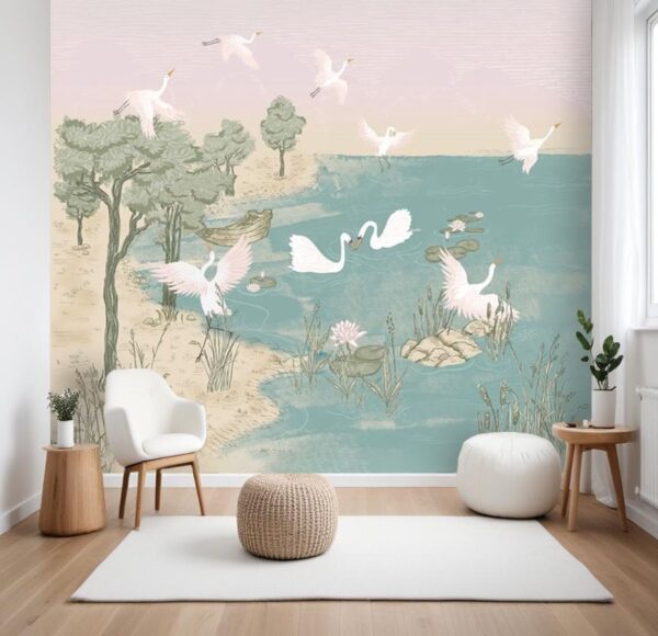 Tranquil Lake and Swan Wallpaper Mural - Pastel Nature Scene