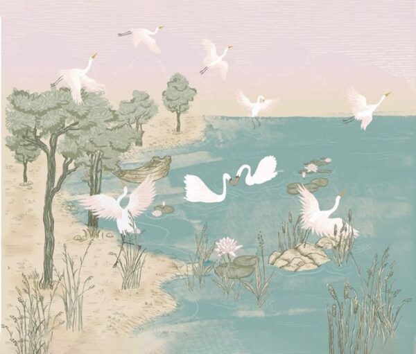 Vintage Swan Lake Watercolour Mural - Image 2