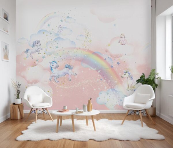 Whimsical Unicorns on Clouds Mural