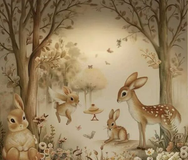 Whimsical Woodland Bunny Deer Wallpaper Mural - Cute Forest Animals - Image 2