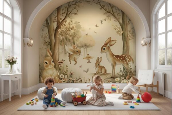 Whimsical Woodland Bunny Deer Wallpaper Mural - Cute Forest Animals
