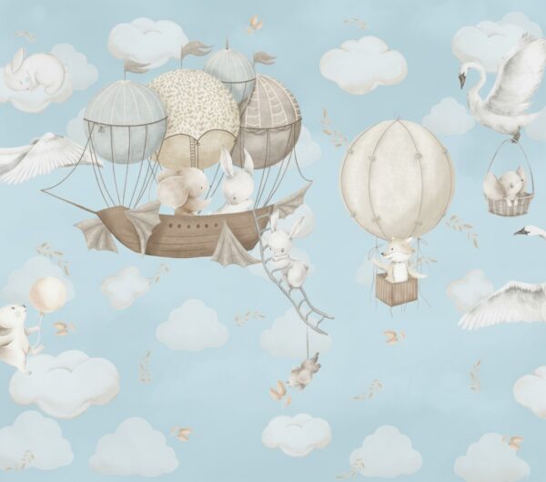 Vintage Hot Air Balloon & Bunny Wallpaper - Blue Sky Nursery Mural - Image 2