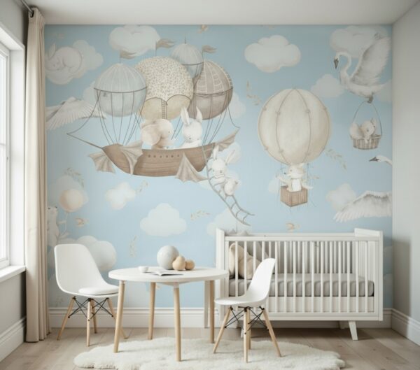 Vintage Hot Air Balloon & Bunny Wallpaper - Blue Sky Nursery Mural