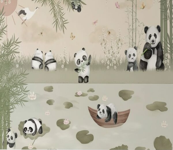 Tranquil Oriental Panda Pond Wallpaper Mural - Bamboo & Water Lilies - Image 2
