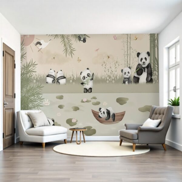 Tranquil Oriental Panda Pond Wallpaper Mural - Bamboo & Water Lilies