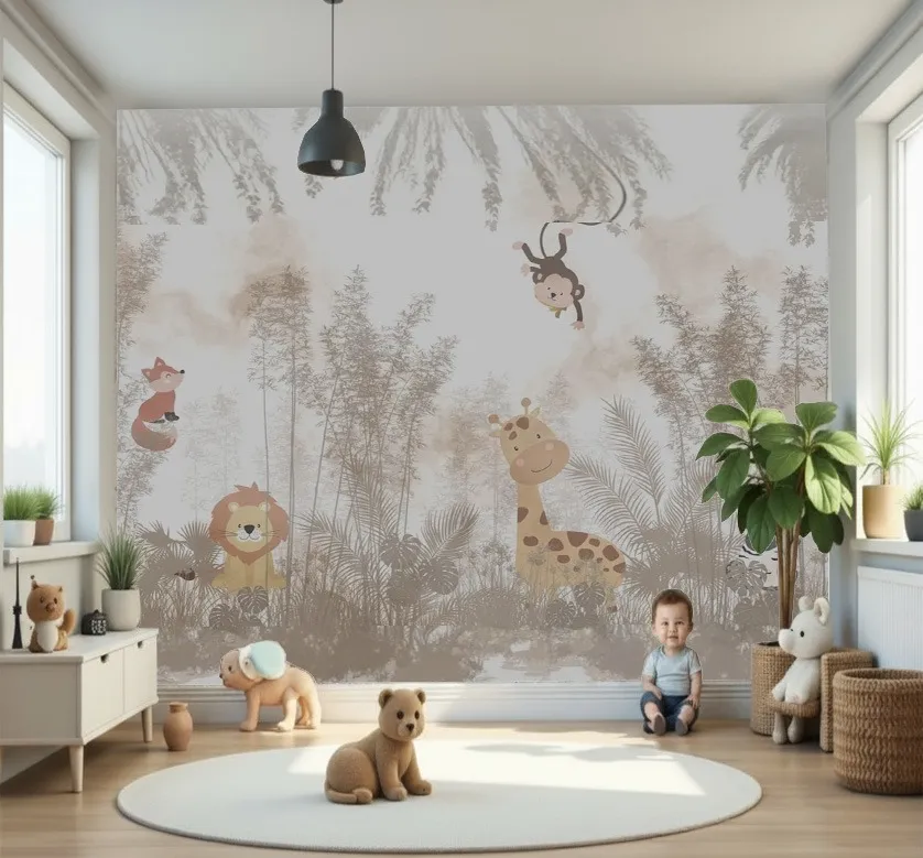 Soft Neutral Safari Animal Wallpaper for Baby Nursery - Wallchic Dubai