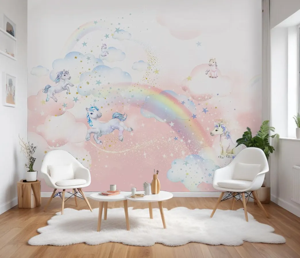 Enchanting Unicorn Rainbow Wallpaper Mural for Kids' Room in Dubai