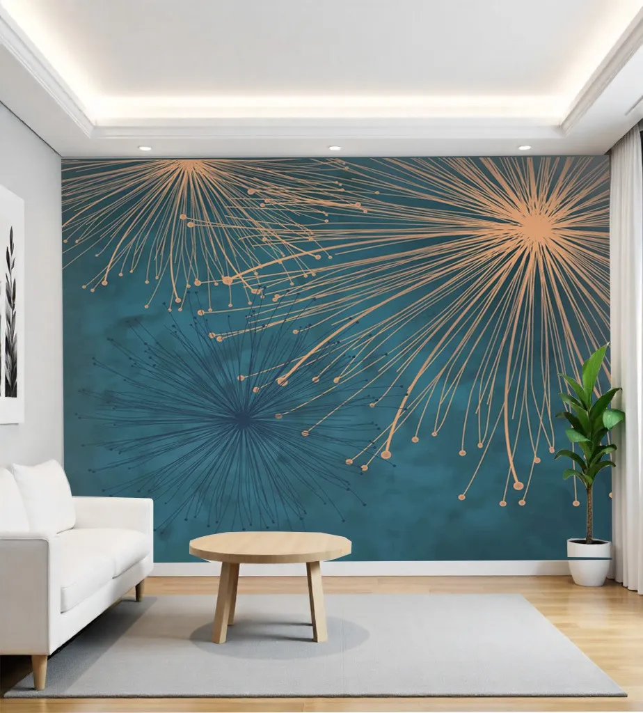 Modern Teal & Gold Abstract Dandelion Burst Wallpaper Mural by Wallchic Dubai