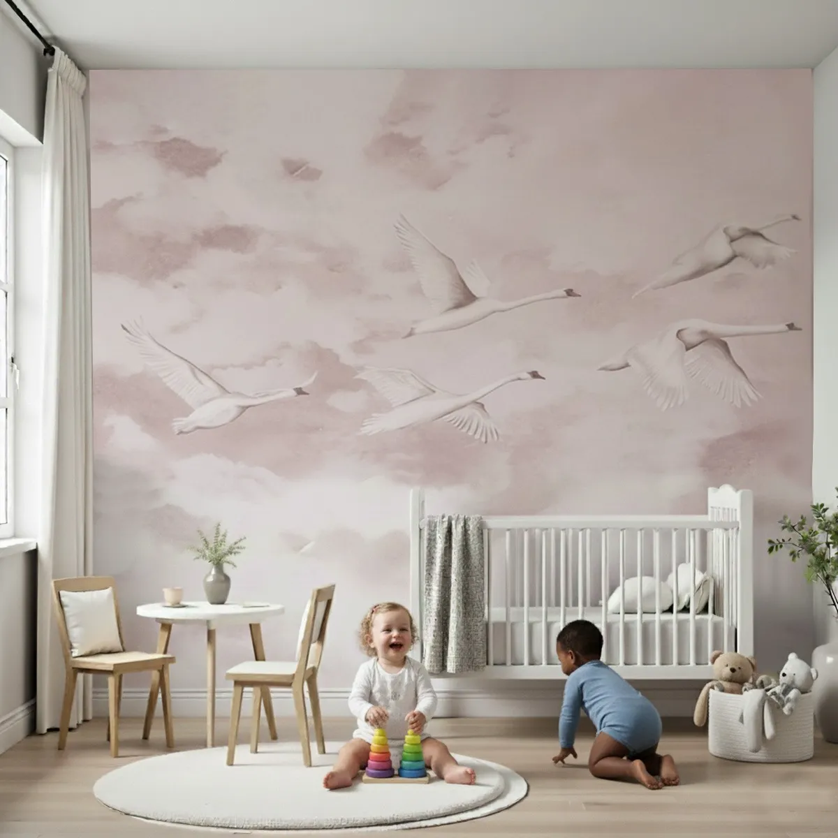 Dreamy Pink Cloud and Flying Swan Wallpaper Mural for Dubai Nursery