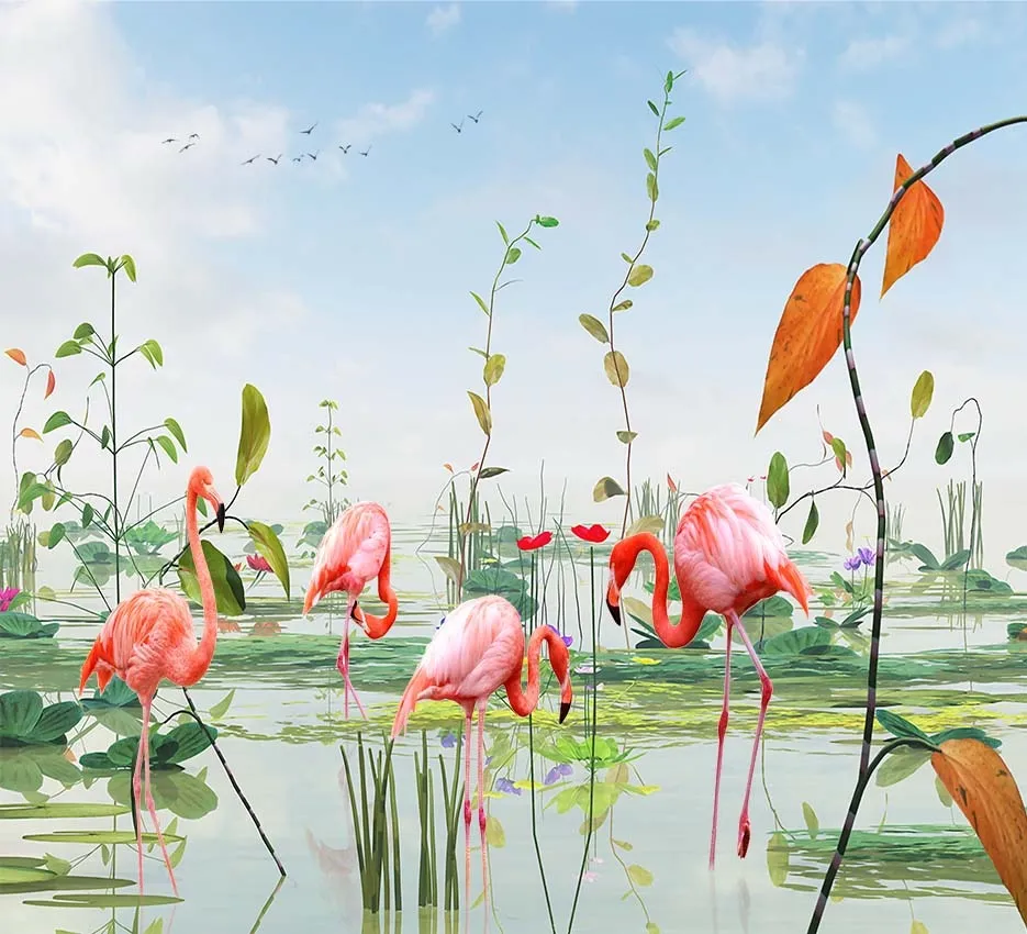 Vivid Pink Flamingo Pond Wallpaper Mural for Bright Interiors - Wallchic Dubai