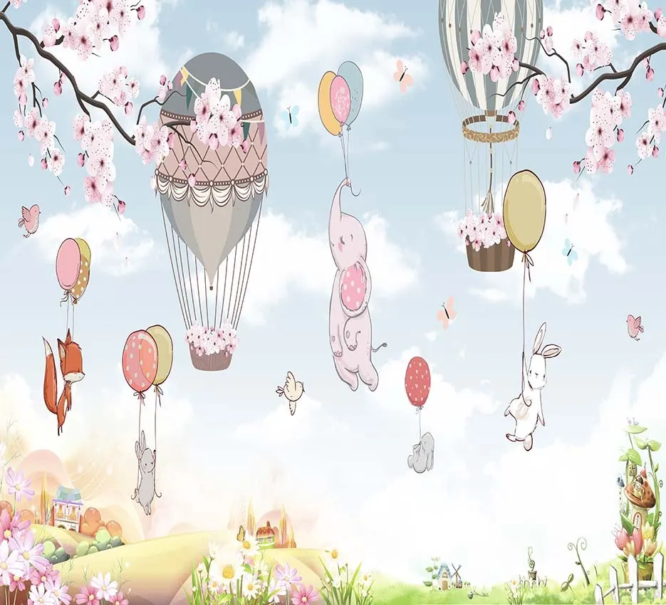 Cute Animals Flying in Hot Air Balloons and Cherry Blossoms Wallpaper - Wallchic Dubai