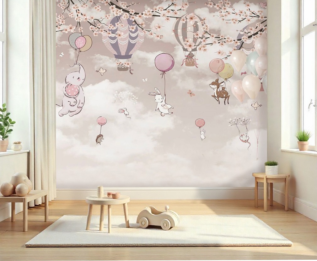 Charming Pastel Nursery Animals Hot Air Balloon Wallpaper - Wallchic Dubai
