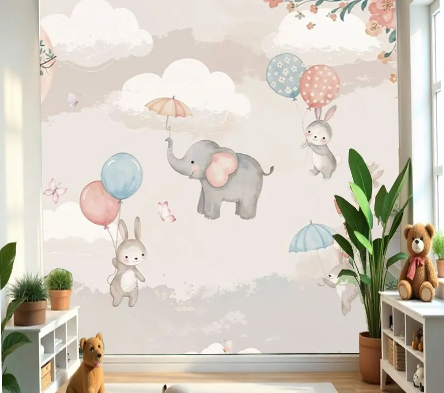 Cute Elephant & Rabbit Hot Air Balloon Nursery Wallpaper Mural - Wallchic Dubai