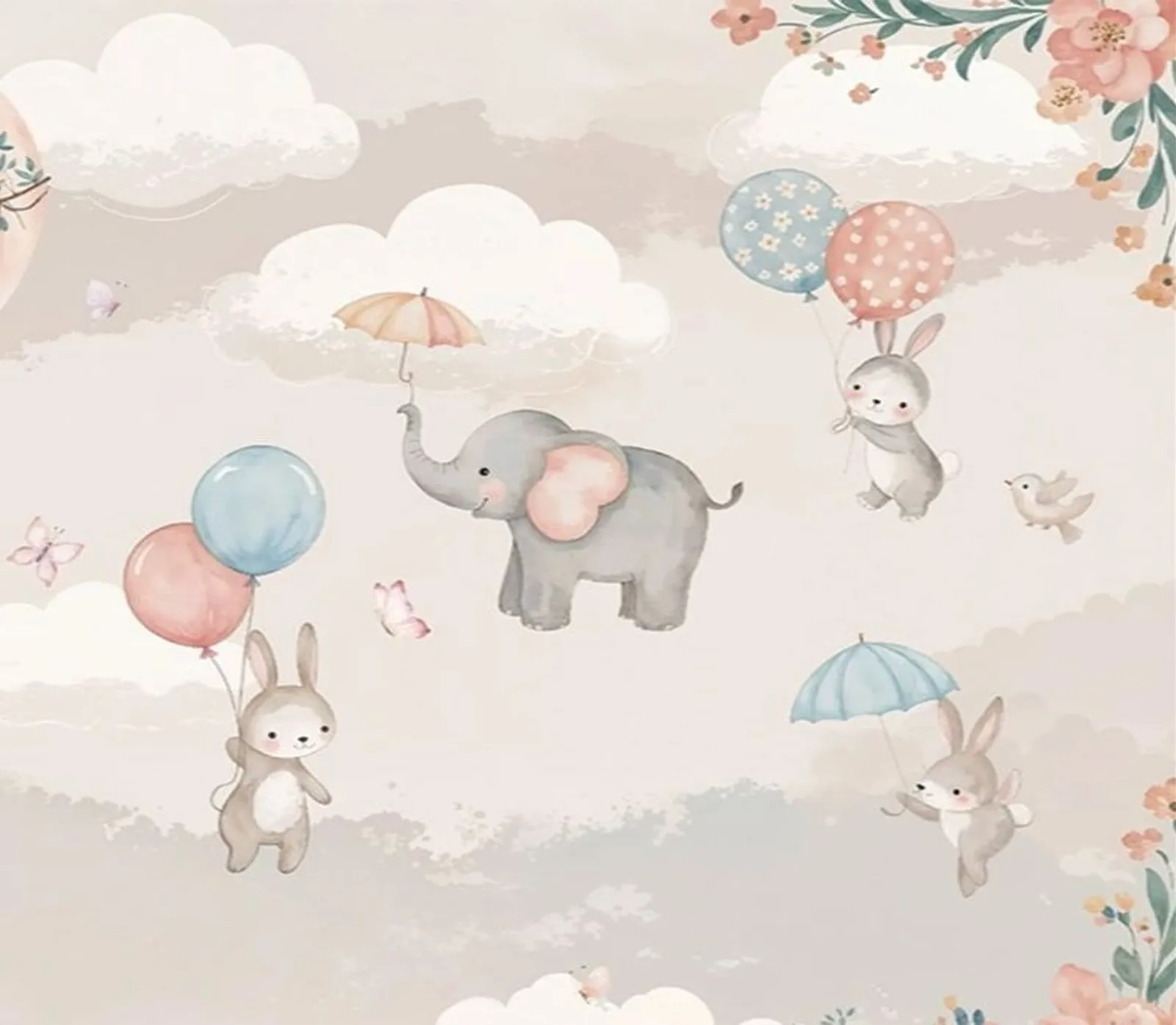 Cute Elephant & Rabbit Hot Air Balloon Nursery Wallpaper Mural - Wallchic Dubai - Image 2