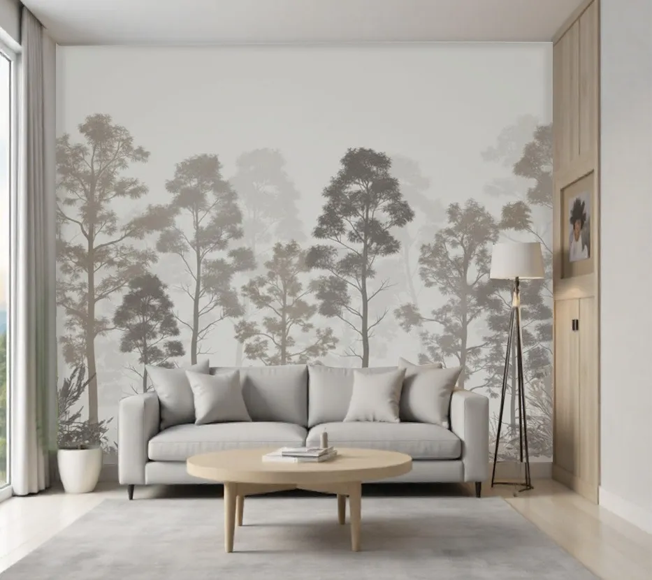 Minimalist Grey Misty Forest Trees Wallpaper Mural - Wallchic Dubai