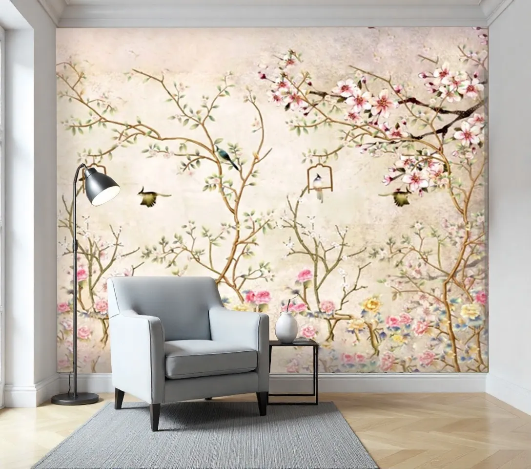 Vintage Pink Cherry Blossom Chinoiserie Wallpaper Mural - Wallchic Dubai