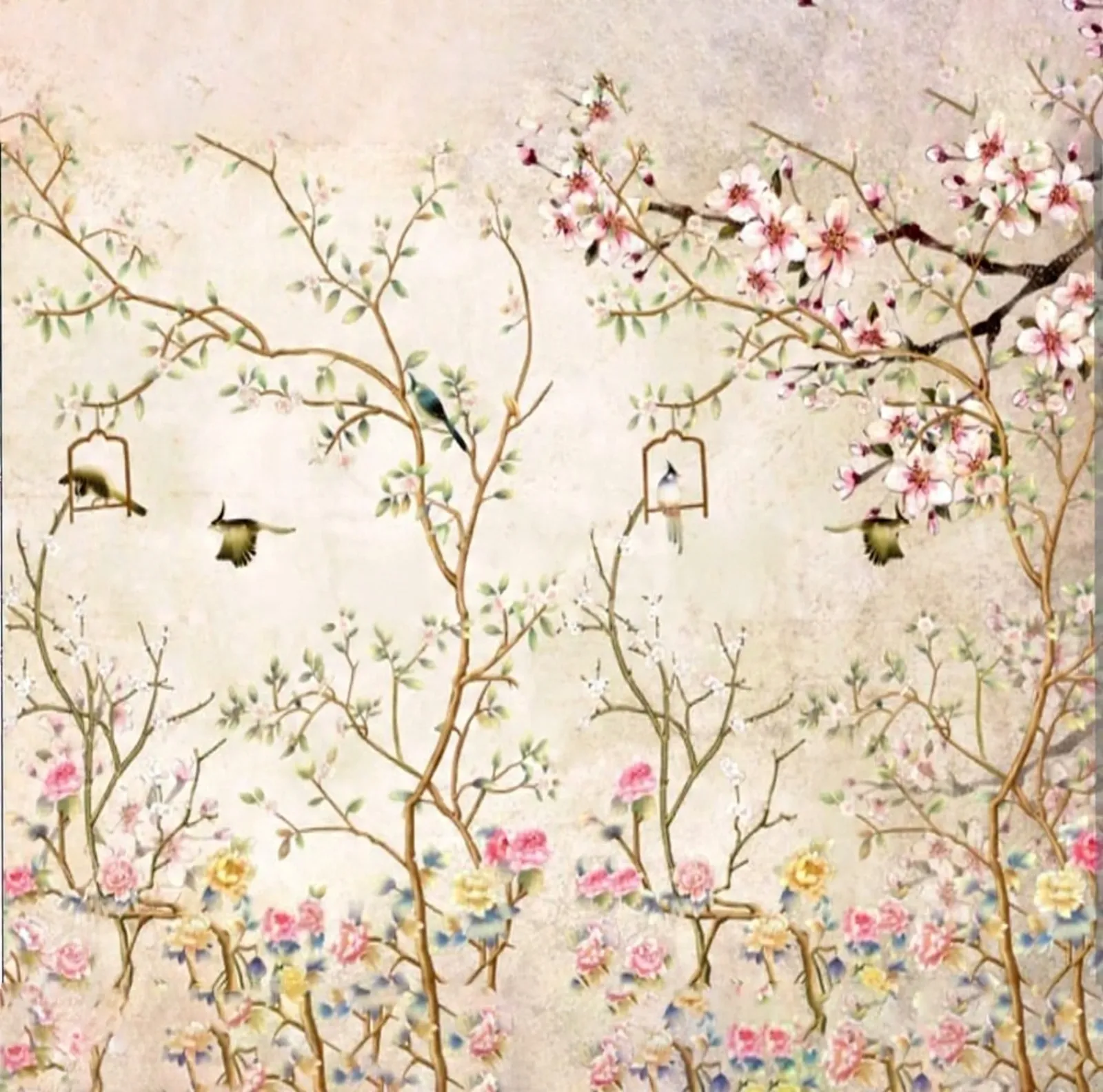 Vintage Pink Cherry Blossom Chinoiserie Wallpaper Mural - Wallchic Dubai - Image 2