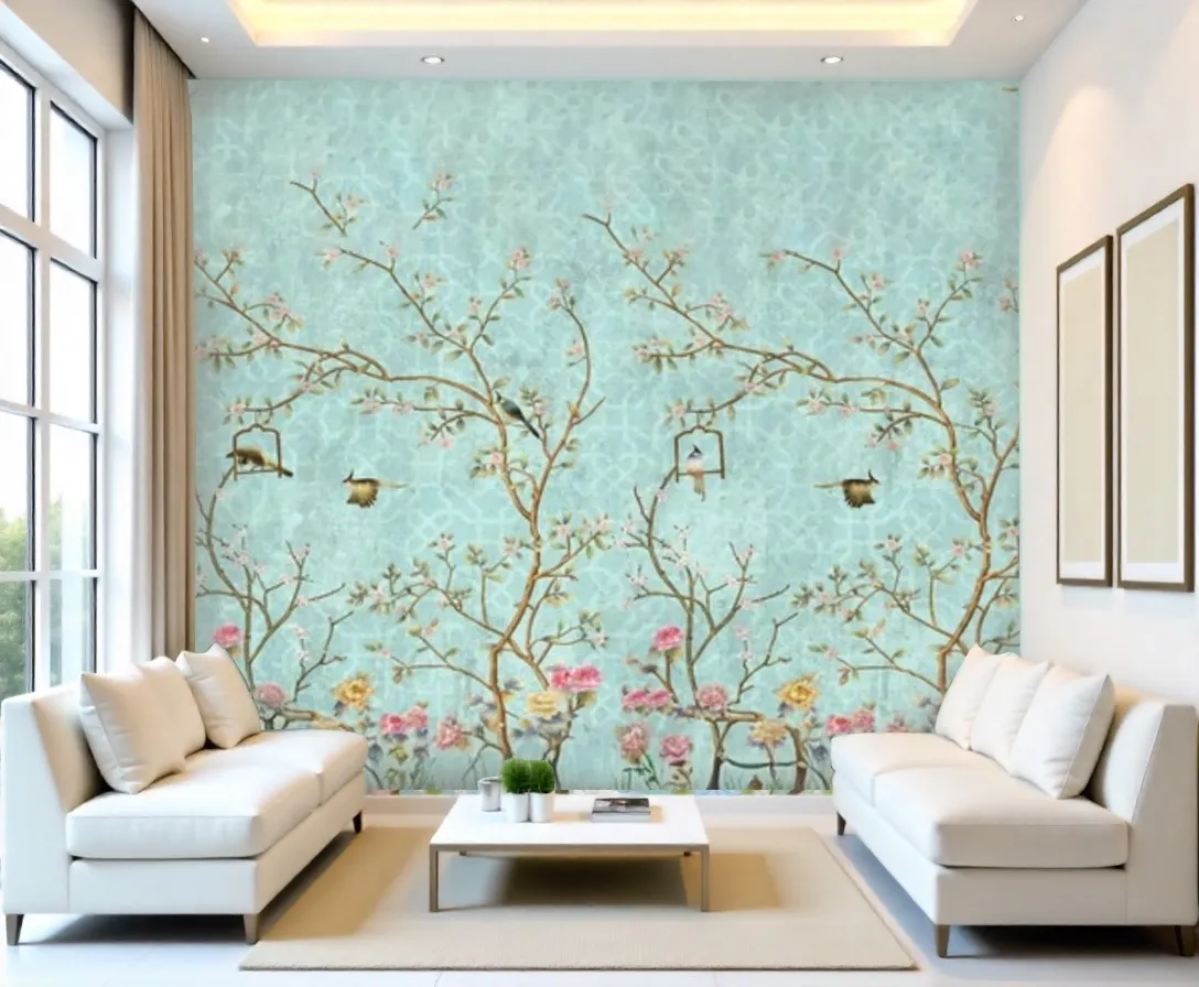 Mint Green Chinoiserie Bird & Blossom Wallpaper Mural - Wallchic Dubai