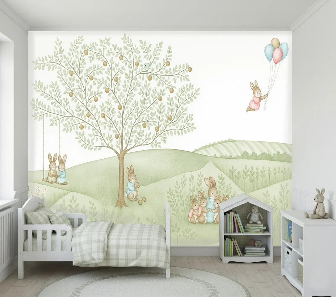 Whimsical Bunny Rabbit & Apple Tree Nursery Wallpaper Mural - Wallchic Dubai