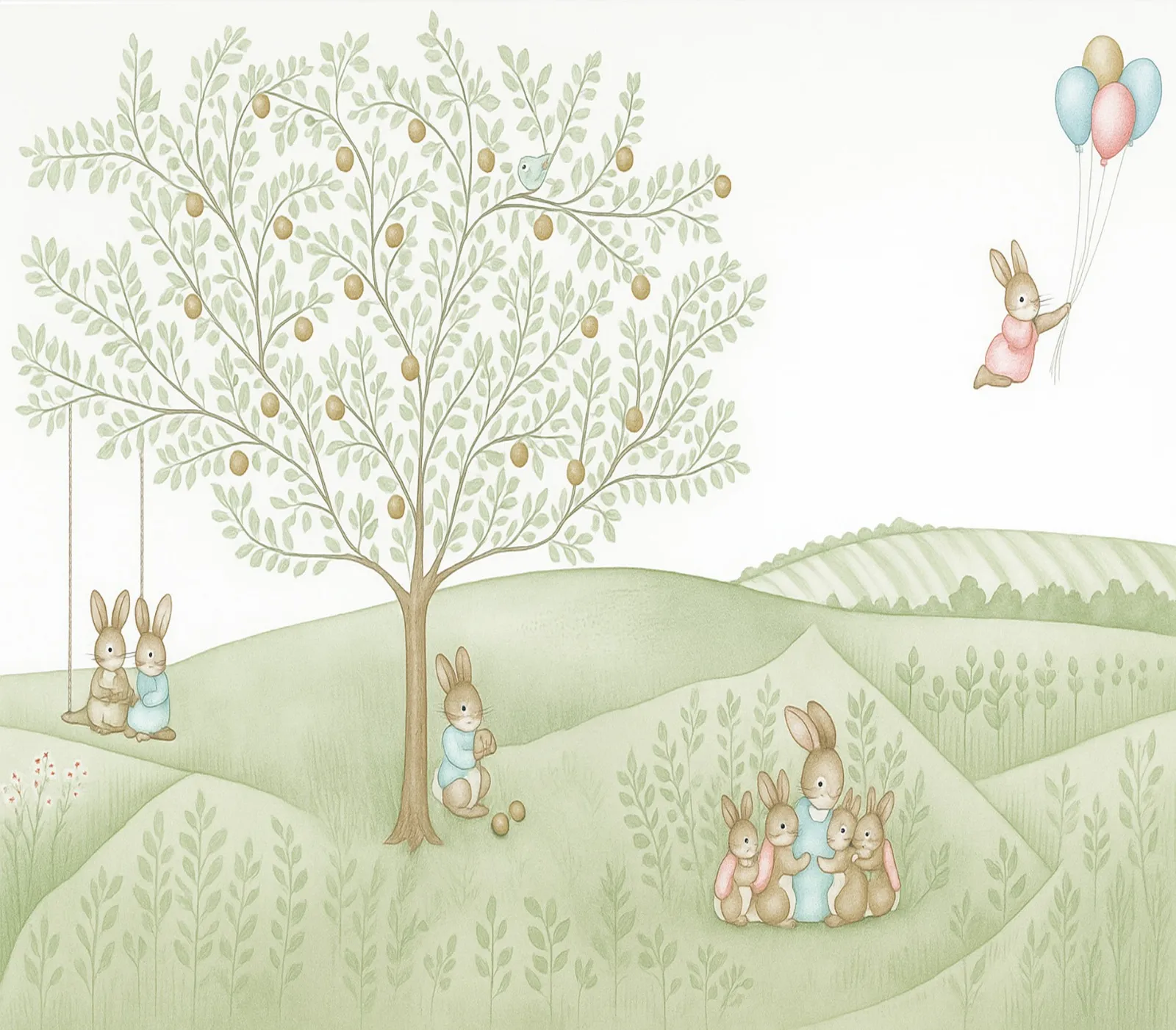 Whimsical Bunny Rabbit & Apple Tree Nursery Wallpaper Mural - Wallchic Dubai - Image 2