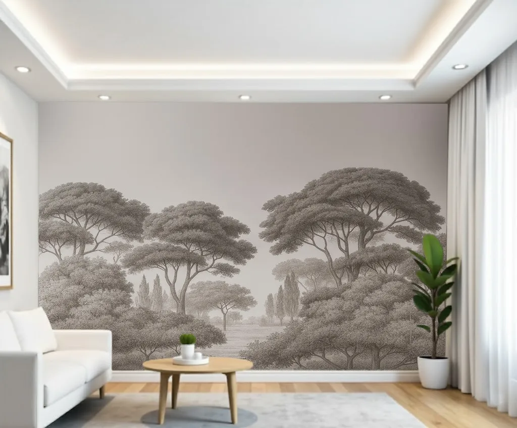 Sepia Tone African Savanna Forest Sketch Wallpaper Mural - Wallchic Dubai