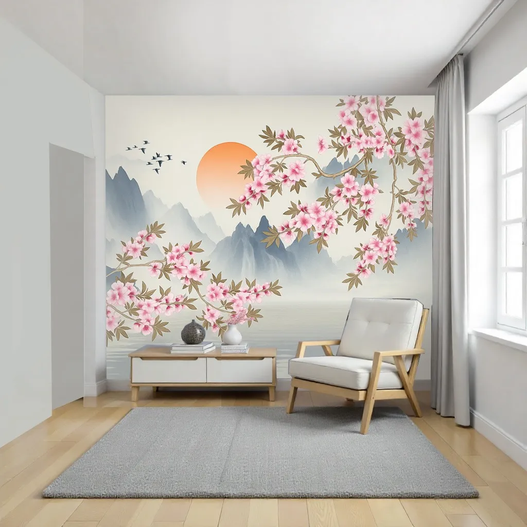 Japanese Cherry Blossom & Mountain Sunset Wallpaper Mural - Wallchic Dubai