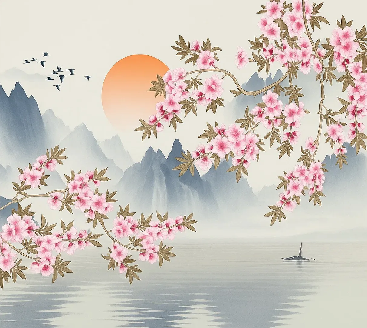 Japanese Cherry Blossom & Mountain Sunset Wallpaper Mural - Wallchic Dubai - Image 2