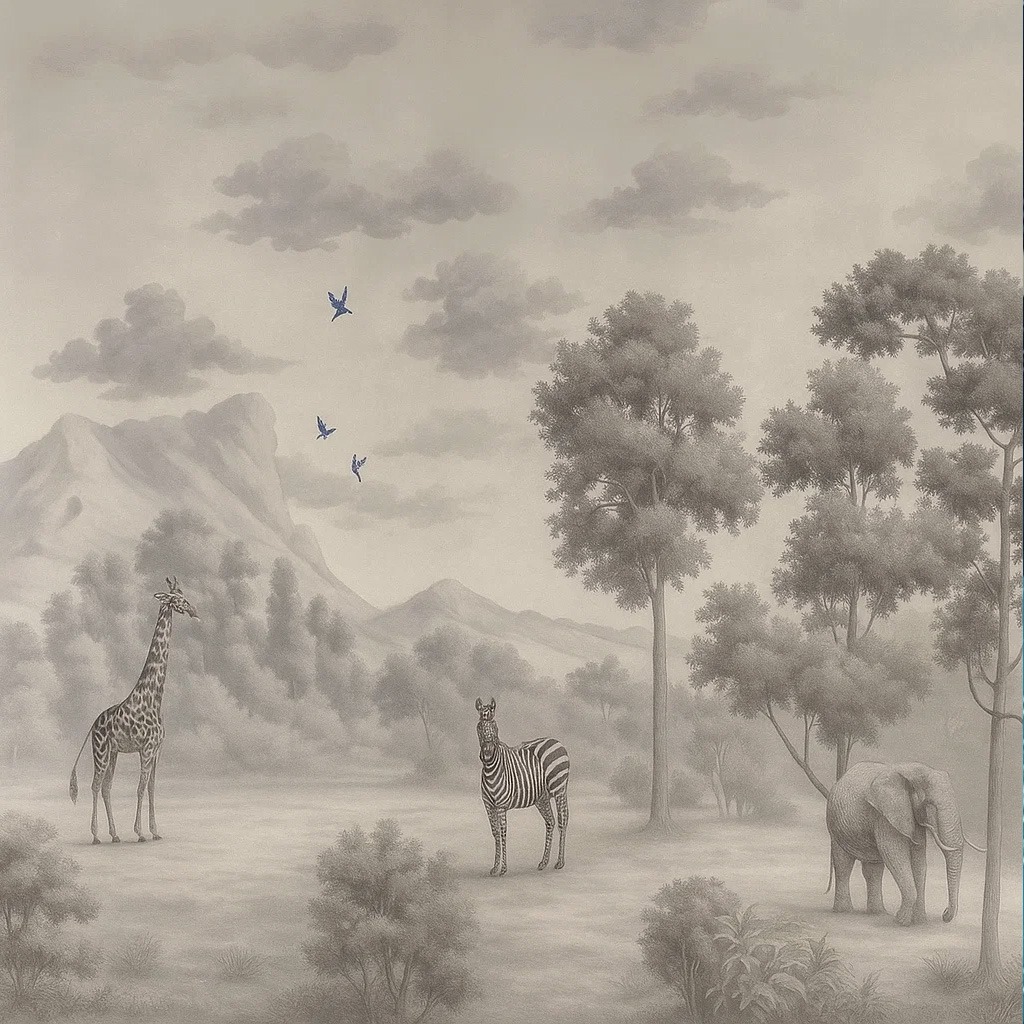 Muted Grey African Safari Landscape Wallpaper with Zebra & Elephant - Wallchic Dubai - Image 2